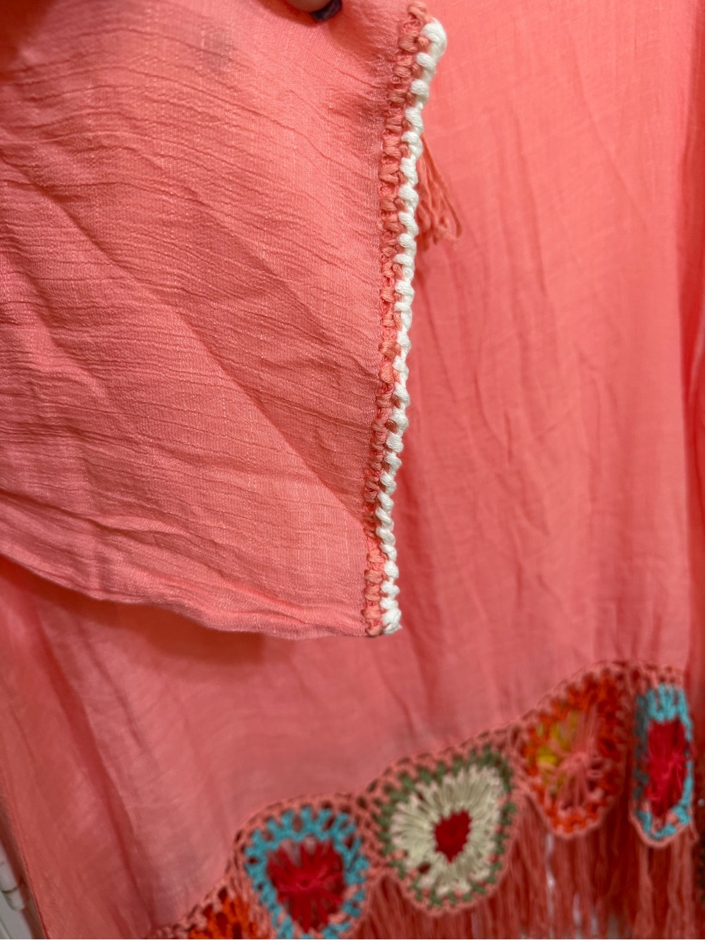 NWT Miracle S M pp21 Coral Boho colorful Crochet accents Fringe Tunic Top - Picture 3 of 10